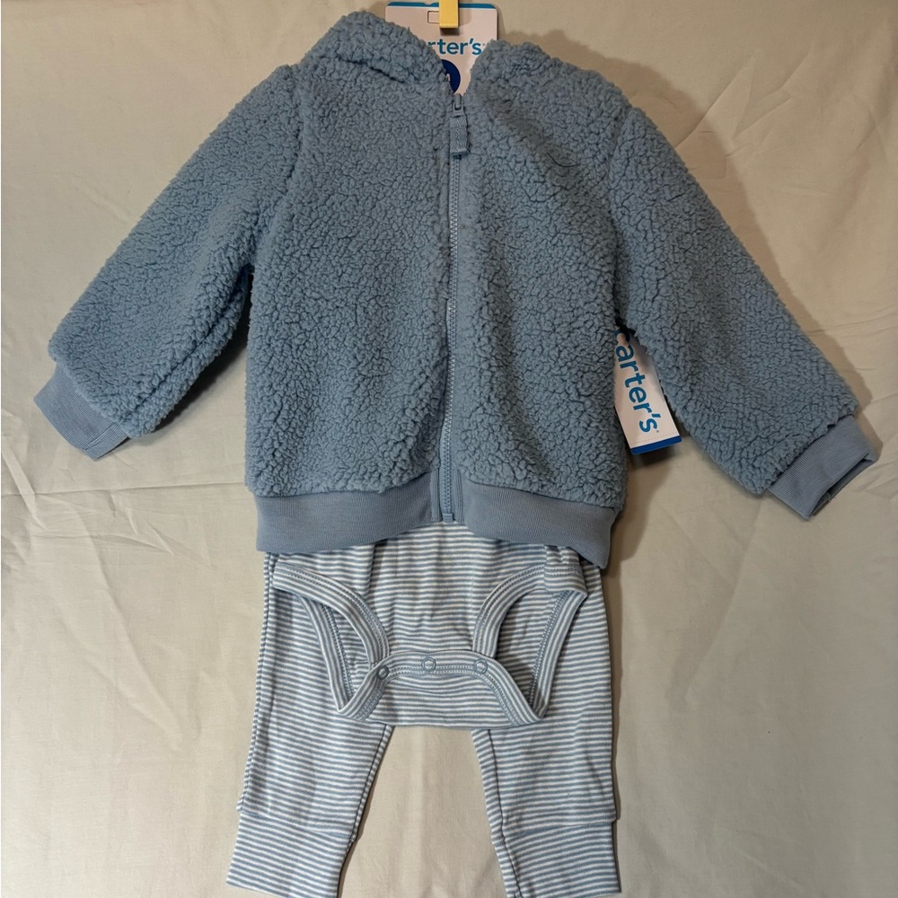 Carter's Soft Blue 3 piece Baby Set with fleece bear ear hoodie 24 mos NW